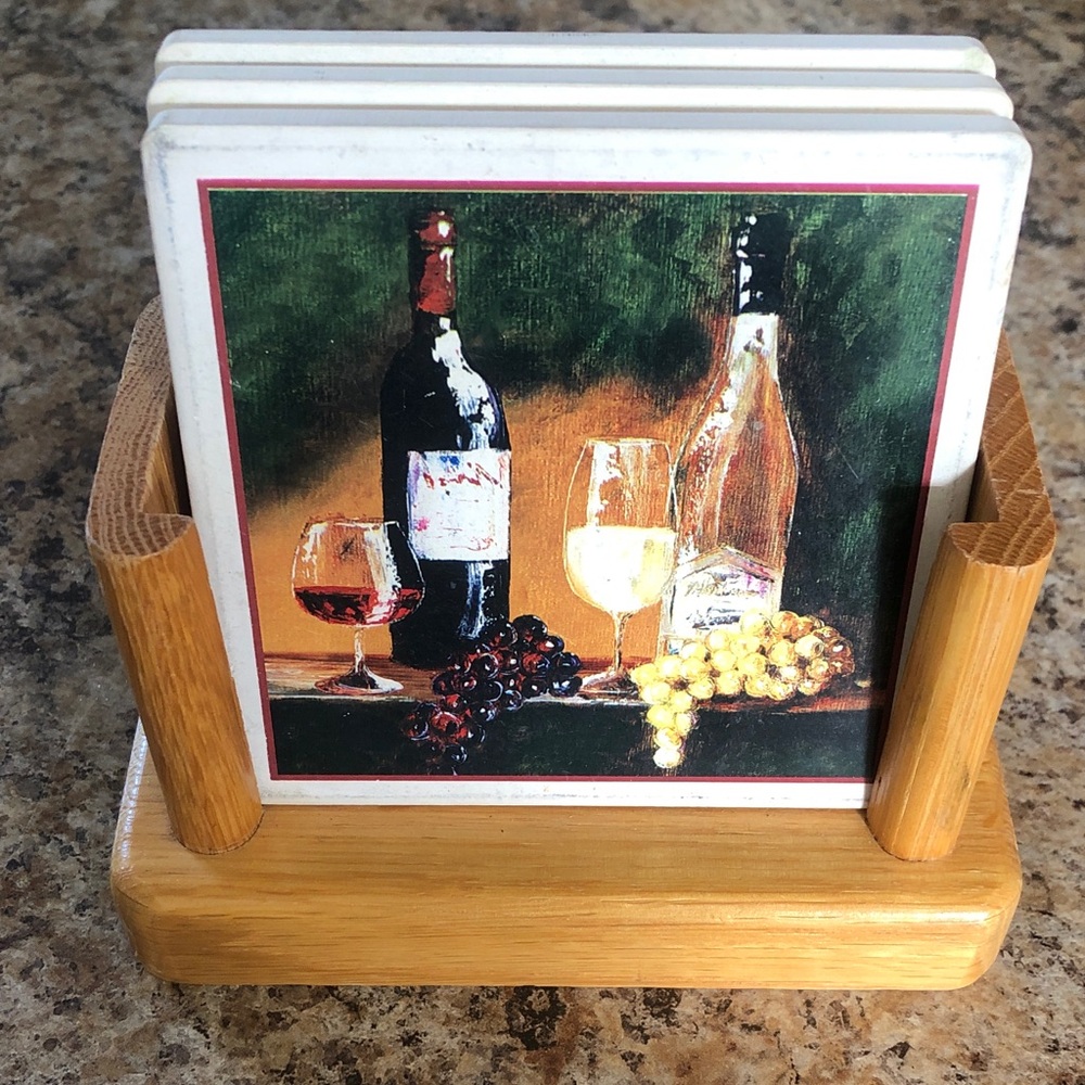 Vintage Set of 3 Ceramic Wine Coasters with Light Wood Holder